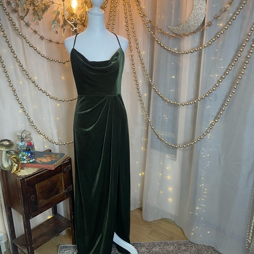 Watters Green Maxi Gown with Cowl Neck and Spaghetti Straps